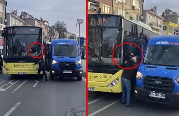 Üsküdar’da İETT şoförü ile kargocunun yol verme kavgası kamerada